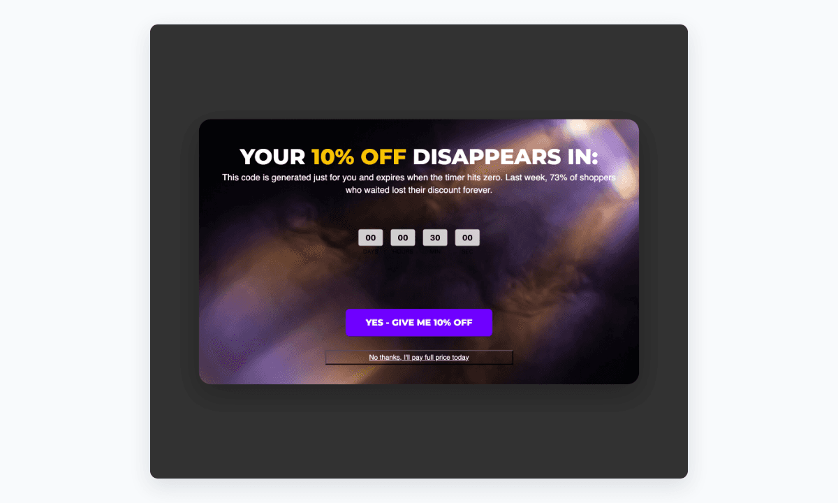 Live timer rendering on the storefront with a sale headline above and a CTA button below