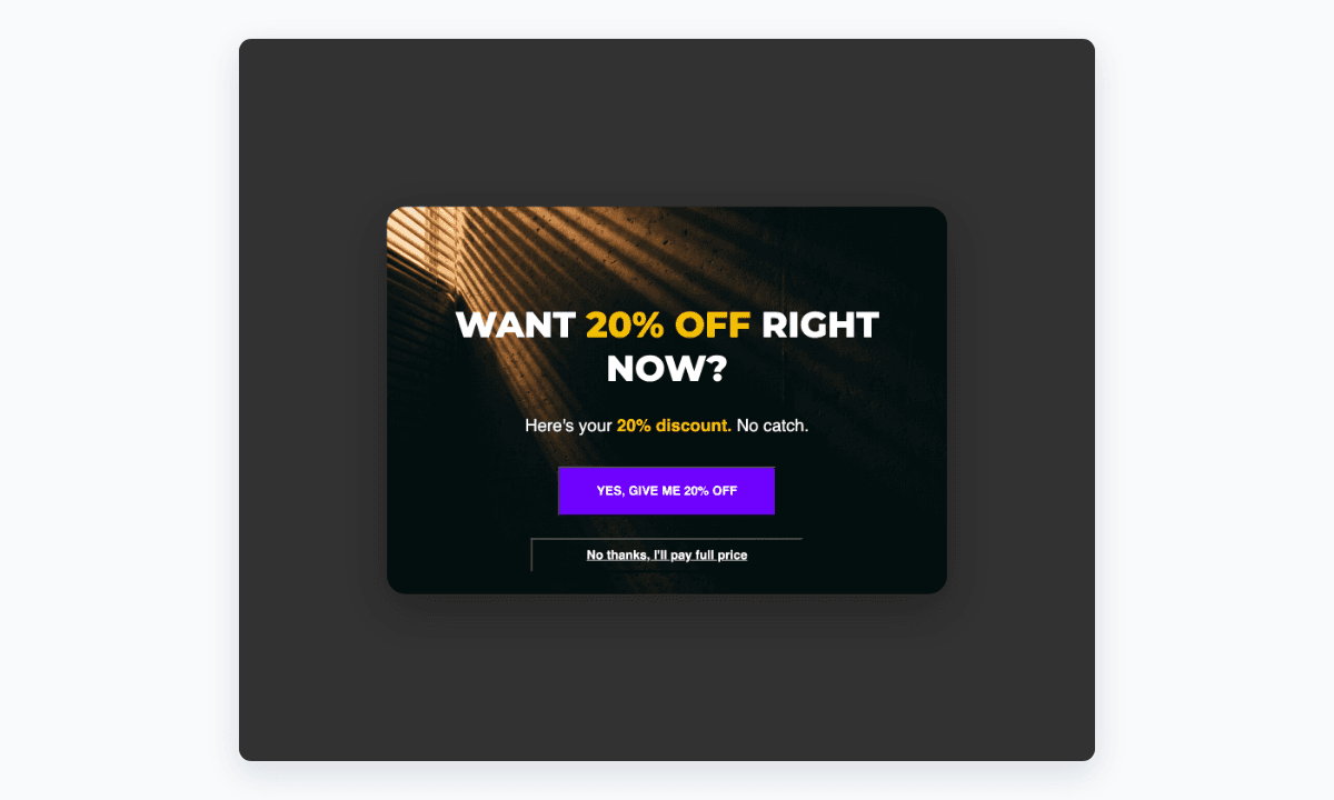 Storefront popup success state showing a generated discount code with a Copy button and a Shop now button