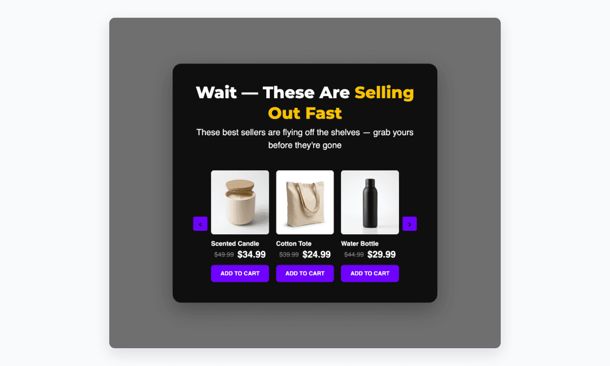 Live preview of an exit-intent popup appearing on a product page in the storefront